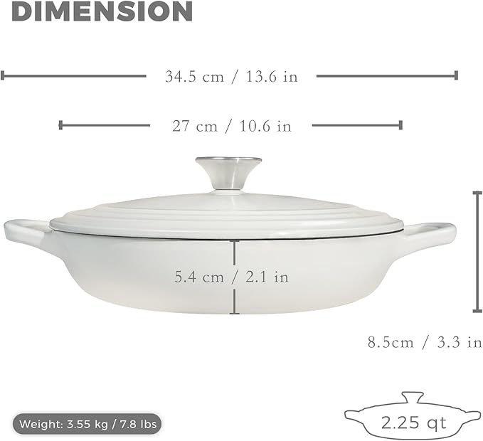 Flavehc Braiser Enameled Cast Iron Braiser 2.25 qt Braiser Pan with Lid White Shallow Cast Iron Casserole Braiser Pan with Handels