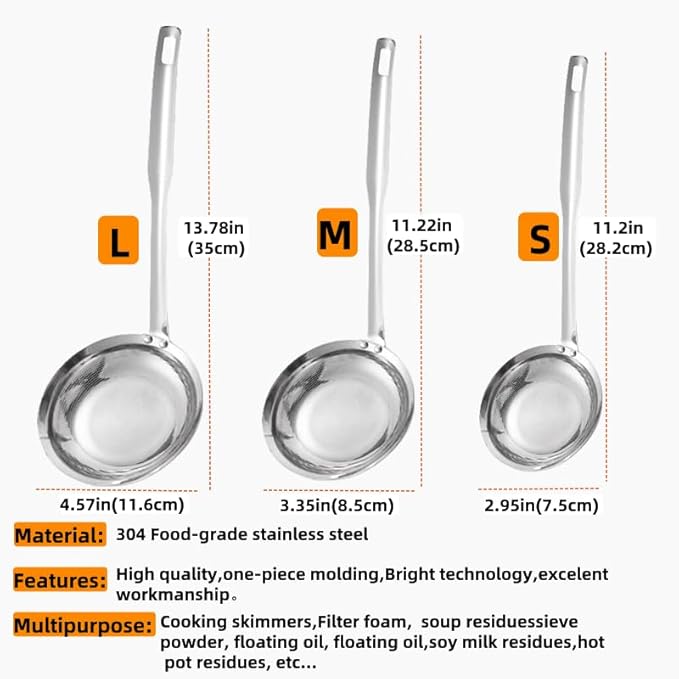 3Pack Fine Mesh Strainer, Metal Flat Skimmer Ladle Colander with Long Handle, Skimmer Cooking Basket for Kitchen food Strainer, Filtering Tea, Matcha, Cocktails, Juice (Small + Medium+ Large)