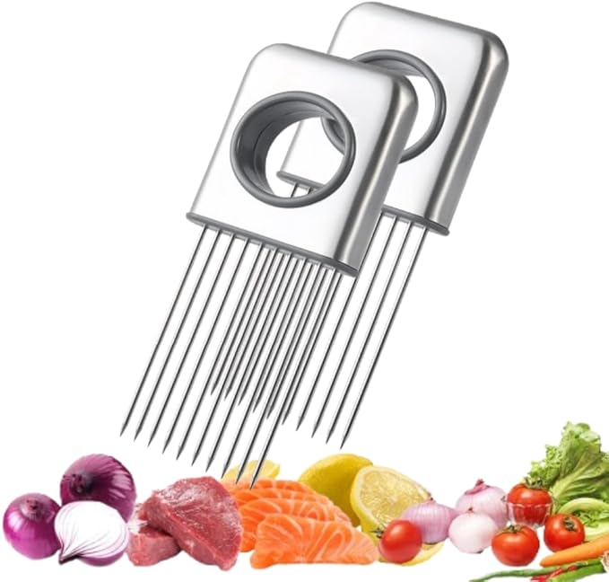 Onion Slice Holder, 2025 Upgraded Stainless Steel Onion Holder for Slicing Lemon Slicer Vegetable Cutter, Kitchen Chopper Slicing Assistant Tool for Meat, Onion, Potato, Tomato (2, C)