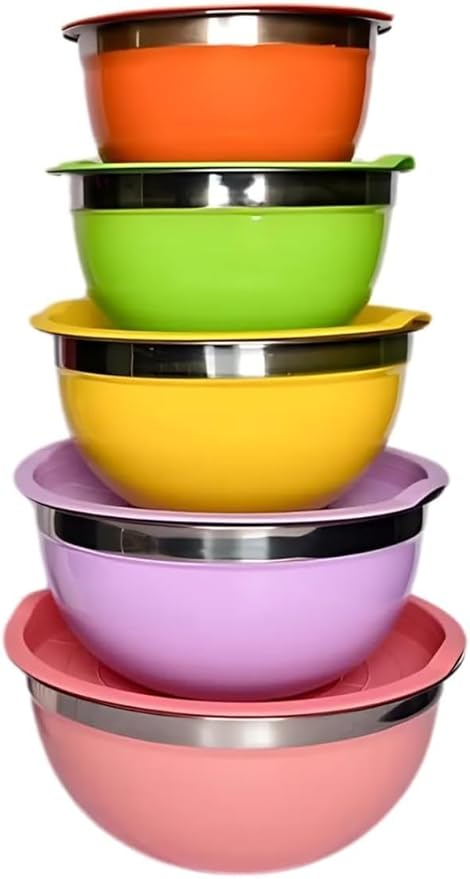 5-Piece Colorful Stainless Steel Mixing Bowls with Matching Non-Airtight Lids – Nesting Stackable Design for Cooking, Baking, Meal Prep & Food Storage – Durable, Easy-Clean Kitchen Set
