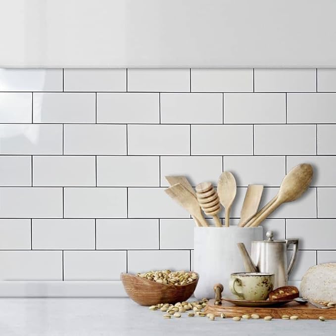 AULIGET Thick PVC Peel and Stick Backsplash, Polished White Subway Tile Peel and Stick Wall Tiles, Pack of 4