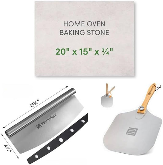 FibraMent-D Premium 3-Piece Pizza Stone Set – 20" x 15" x 3/4" Rectangle Baking Stone with Peel & Rocker Cutter – Made in USA – Ranked Best Overall Pizza Stone for Even Heat & Crispy Crusts