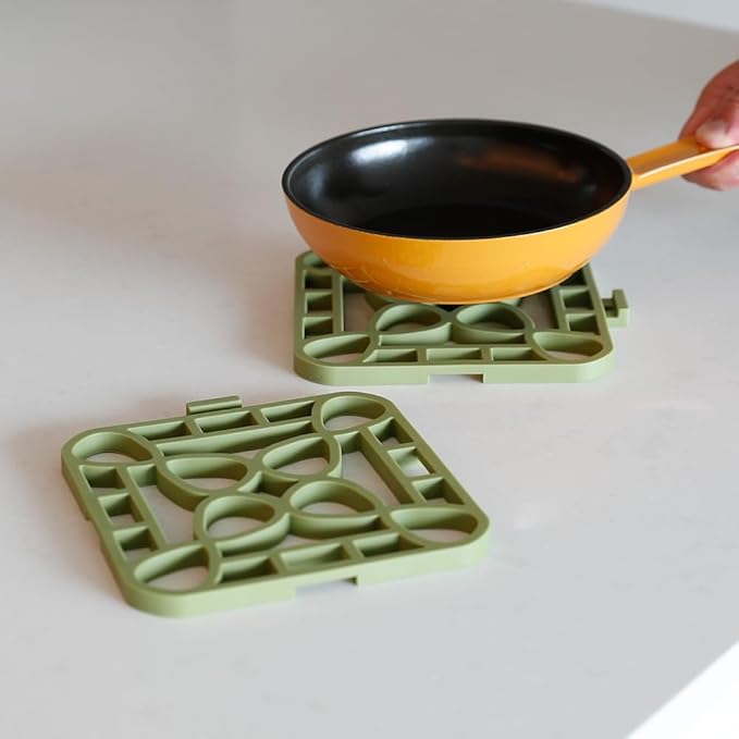 Capabunga 4-Pack Trivets for Hot Dishes - Green Interlocking Hot Pads for Kitchen, Coffee Bar Essentials, Silicone Mats for Kitchen Counter, Heat Resistant Silicone Trivets for Pots and Pans