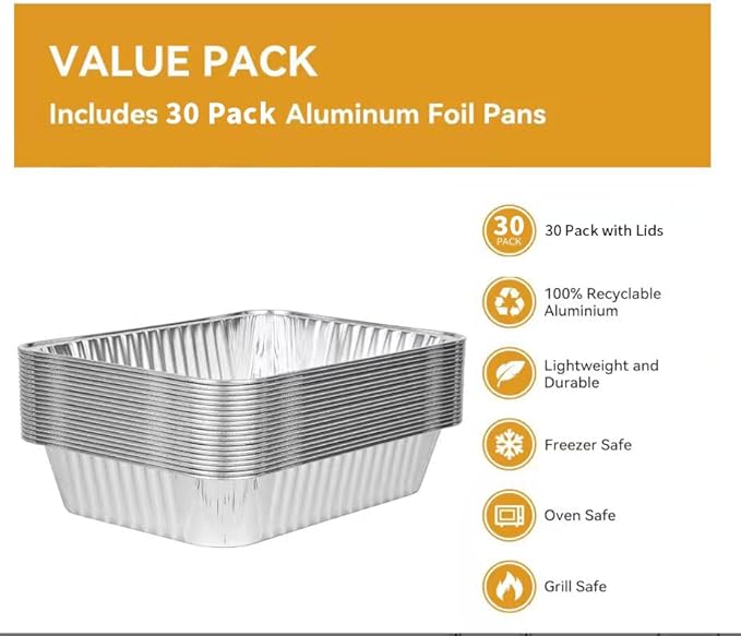 BondOnLum Disposable Aluminum Foil Pan, Family Size Baking Container, Deep Rectangular,9×13 Half Size,Tin Pans for Roasting,Catering,Picnic or Holiday needs (30 Pack w/Lids)