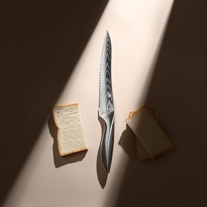 9C Damascus Steel Bread Knife: A Wide Wavy Edge Serrated Knife with an Upgraded Stainless Steel Razor Sharp 8-Inch Blade and 5.6-Inch Handle - for Delicious Homemade Bread, Bagels, and Cake.