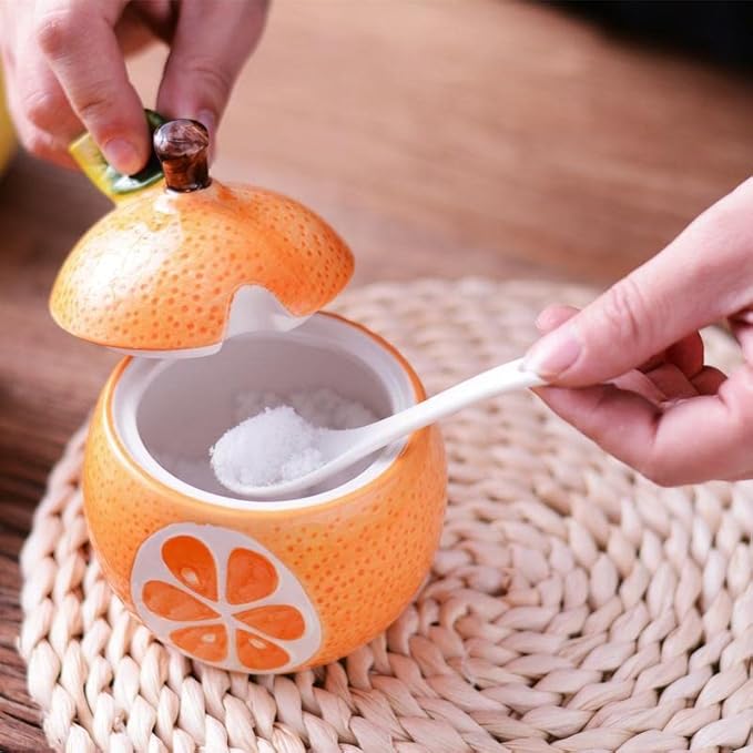 Ceramics Fruit Shaped Sugar Bowl Salt Pot Pepper Storage Jar with Lid and Spoon Seasoning Box Condiment Pots (Orange Pomelo)
