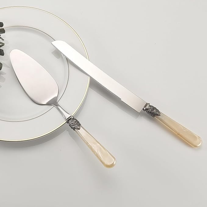 CATHYLIN Wedding Cake Knife and Serve Set, Fancy Hand Craft Italian Style Design, Pearl Pie Knife Server Set, Vintage Silverware,Cake Cutter Set, Cake Knife Gift Set, 2 pcs (champagne)