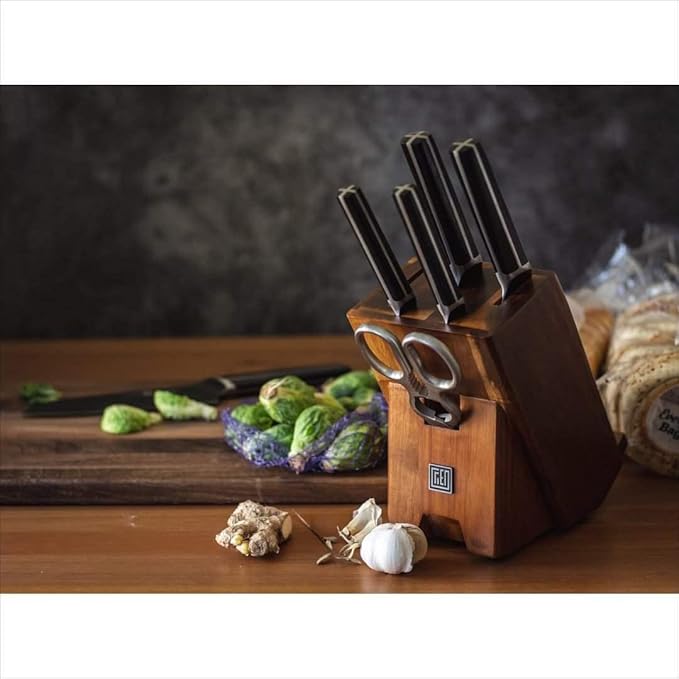Kitchen Knife Set, 7 Pieces German Stainless Steel Knives Set for Kitchen with Acacia Wood Block, Kitchen Scissors, Box Packed, Elegant Black