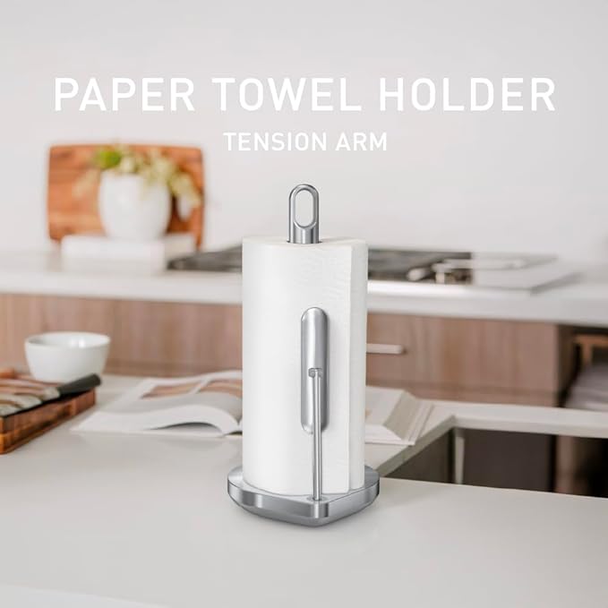 simplehuman Tension Arm Standing Paper Towel Holder, Heavy-Duty, Easy One-Handed Tear, Kitchen Countertop, Brushed Stainless Steel