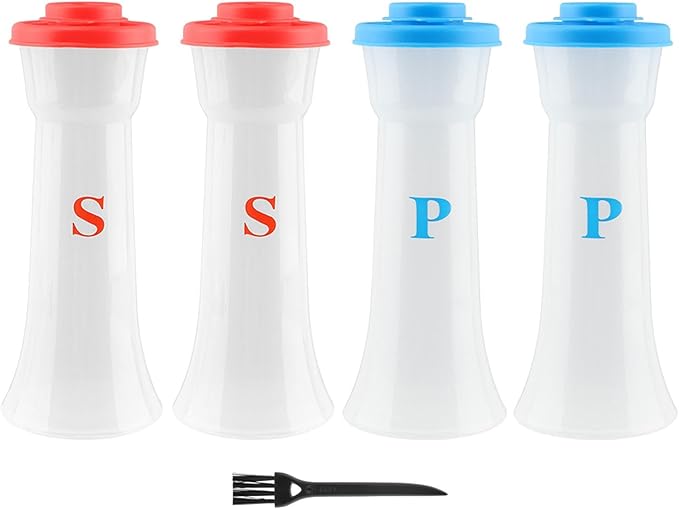 Salt and Pepper Shaker Set, Plastic Salt and Pepper Shaker Set with Lids,Airtight Spice Jar Dispenser for Restaurant Cleaning Brush Camping Home Kitchen Picnic (COLOR:2pcs Blue+2pcs Red)