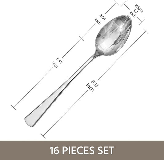 KINGSTONE 16 Piece Dinner Spoon Set, 18/10 Stainless Steel Spoons, Silver Food Grade Table spoons of 16, Metal Spoons for Home, Kitchen, Weddings, Parties or Restaurant, Dishwasher Safe-8.15inches