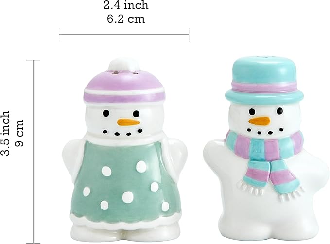 Bico Snowman Ceramic Hand Painted Salt & Pepper Shaker Set, Cute Christmas Decor, Dishwasher Safe