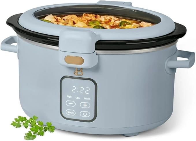 Beautiful by Drew 4.0-Quart Programmable Slow Cooker with Hinged Lid, Digital Timer, Keep Warm Function, Removable Stoneware Pot, Stainless-Steel Accents (Cornflower Blue)