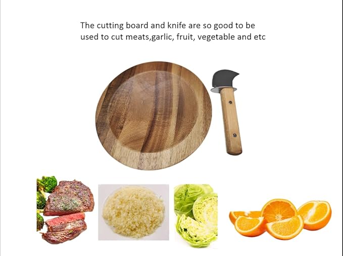 Round Mezzaluna Cutting Board 8" Charcuterie Gourmet Serving Board with One Handed Rocker Knife for Steak,Cheese,Small Veggie n Fruits