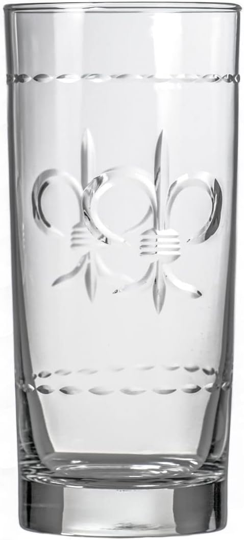 Rolf Glass Fleur De Lis Highball Glass 15 ounce - Set of 4 Cooler Glasses - Lead-Free Etched Drinking Glass with Heavy Base - Proudly Made in the USA