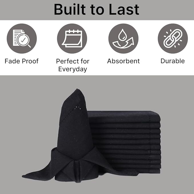 LFH Home Hemstitched Cloth Dinner Napkins 18x18 Inch Set of 12 - Reusable 100% Cotton Machine Washable Cocktail Napkins with Metered Corners for Daily, Party, Wedding, Bar Use - Black