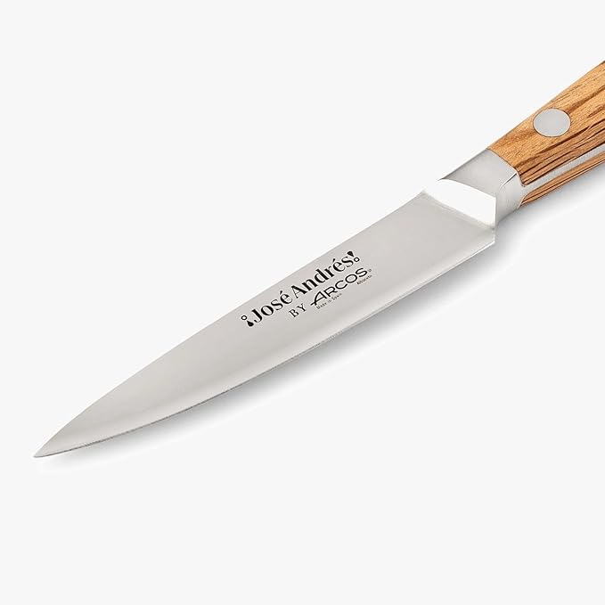 Arcos Jose Andres Paring Knife | 4-Inch Forged Knife for Fruit & Vegetable Peeling | NITRUM Stainless Steel Blade with Silk Edge | Light Brown Holm Oak Handle