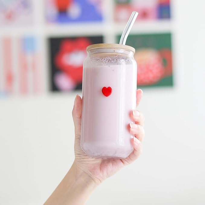 Coquette Aesthetic Glass Can Cup with Bamboo Lid and Straw, 16oz Cute Red Heart Travel Tumbler, Iced Coffee Matcha Smoothie Cup, Trendy Stuff Gifts for Women, Girl Gifts