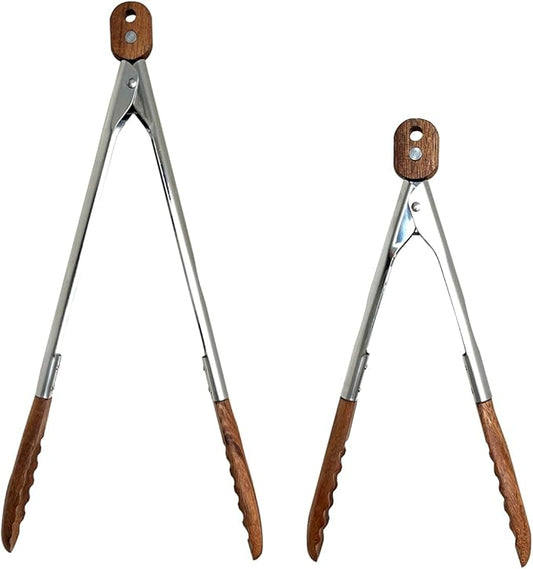 Lee's Clover Wooden Tongs for Cooking with Walnut Wood Tips & Stainless Steel Handle – Food & Kitchen Tongs for Serving, Salad, BBQ, Buffet, Grill (Small + Large)
