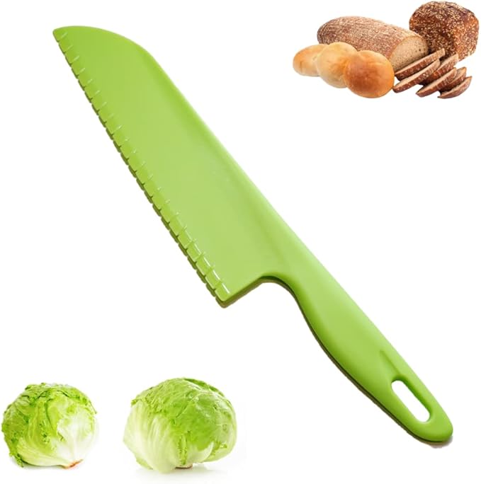 jawbush Professional Lettuce Knife, 11" Serrated Salad Cutter for Veggies, Fruit, Bread, Cake, Salad, Plastic Kitchen Nylon Knife for Cooking and Cutting to Prevent Turning Brown, Green