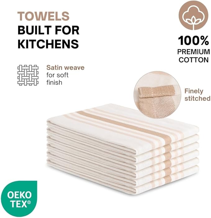 Kitchen Towel Set of 6, 100% Cotton Quick-Drying Absorbent Dish Towels & Tea Cloths, 20x30 Inch, Decorative Farmhouse Towels for Kitchen, Beige Stripes