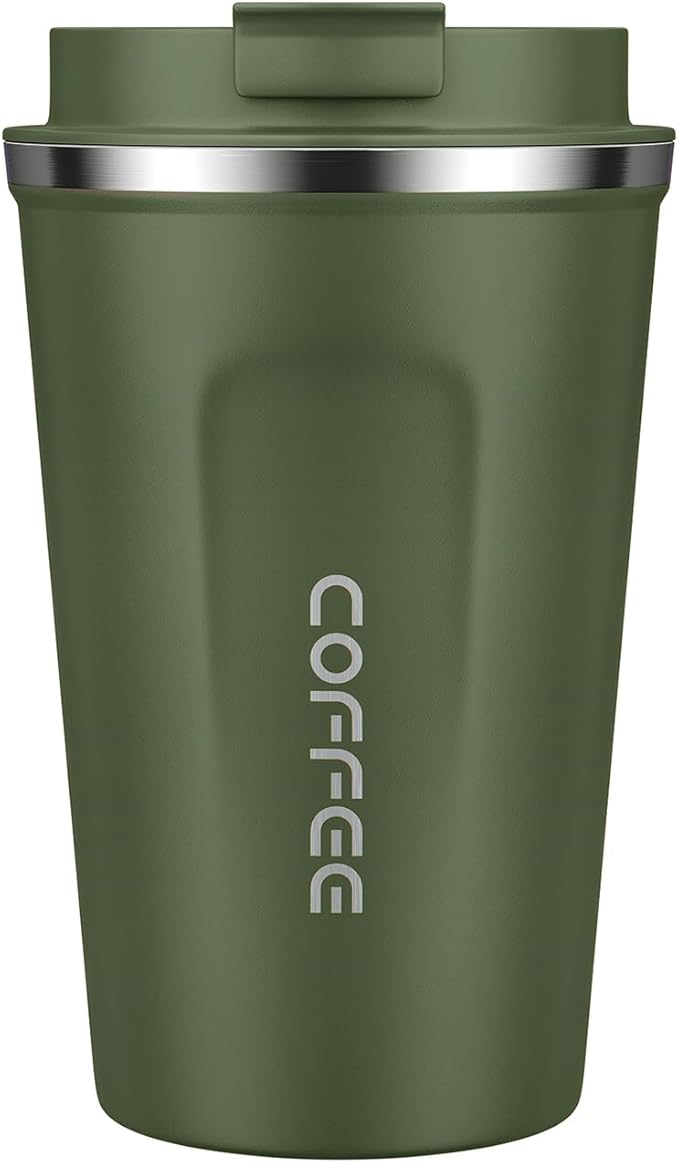 MOMSIV 12oz Travel Mug, Insulated Coffee Cup with Leakproof Lid, Vacuum Stainless Steel Double Walled Reusable Tumbler for Hot and Cold Water Coffee and Tea In Travel and Car Armygreen