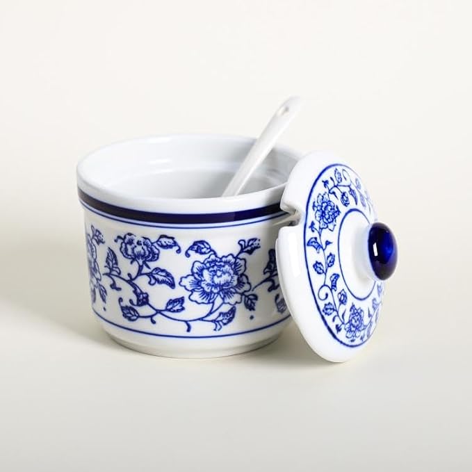 Retro Ceramic Blue and White Sugar Bowl Seasoning Pot Storage Jar with Lid