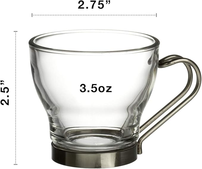 Bormioli Rocco Verdi Espresso Cup With Stainless Steel Handle, Set of 4, Gift Boxed, 3.5 ounces