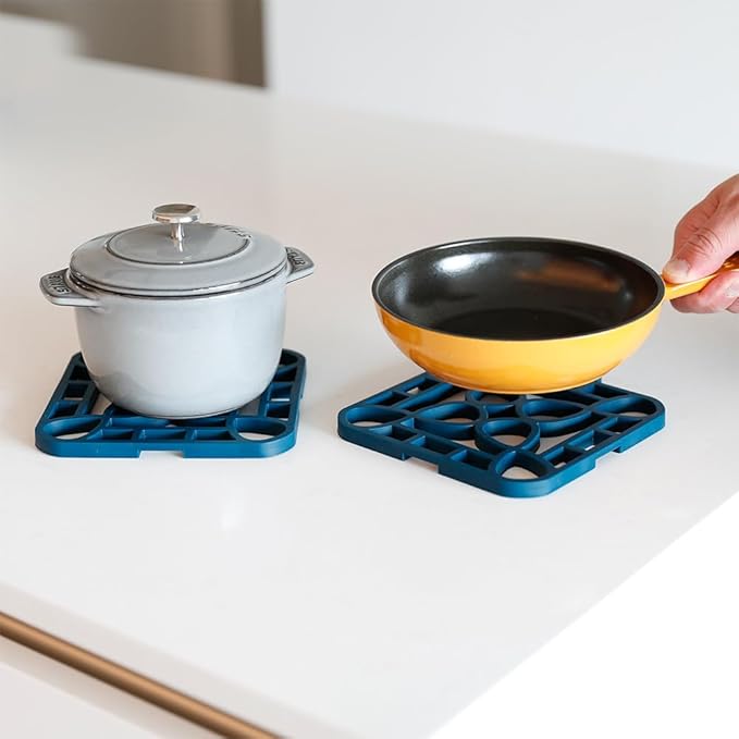 Capabunga 2-Pack Trivets for Hot Dishes - Blue Interlocking Hot Pads for Kitchen, Coffee Bar Essentials, Silicone Mats for Kitchen Counter, Heat Resistant Silicone Trivets for Pots and Pans