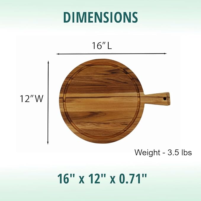 EcoDecors 16" Round Teak Cutting Board with Handle, FSC Certified Solid Wood, Edge Grain with Juice Groove, Carving Board for Meat & Kitchen Use