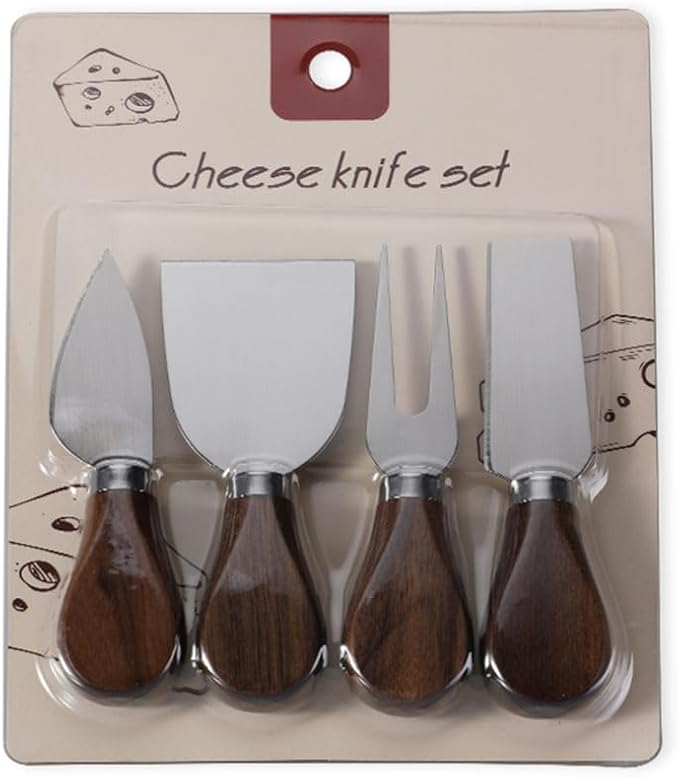 4-Piece Set of Stainless Steel Cheese Knives with Wood Hand, Including Cheese Slicer and Cheese Cutters, Essential Cheese Tools for the Kitchen (Walnut handle, Silver)
