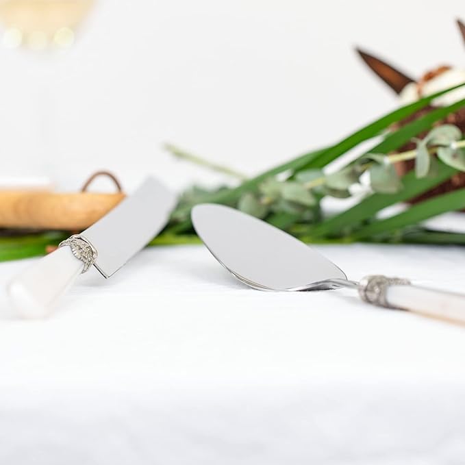 CATHYLIN Wedding Cake Knife and Serve Set, Fancy Hand Craft Italian Style Design, Pearl Pie Knife Server Set, Vintage Silverware,Cake Cutter Set, Cake Knife Gift Set, 2 pcs (White)