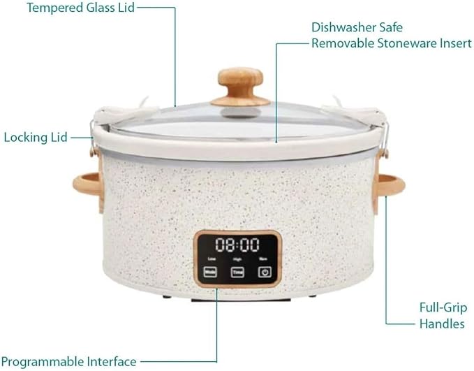Pioneer Woman 6-Quart Programmable Digital Slow Cooker with Locking Lid – Portable Design & Dishwasher Safe (Linen White)