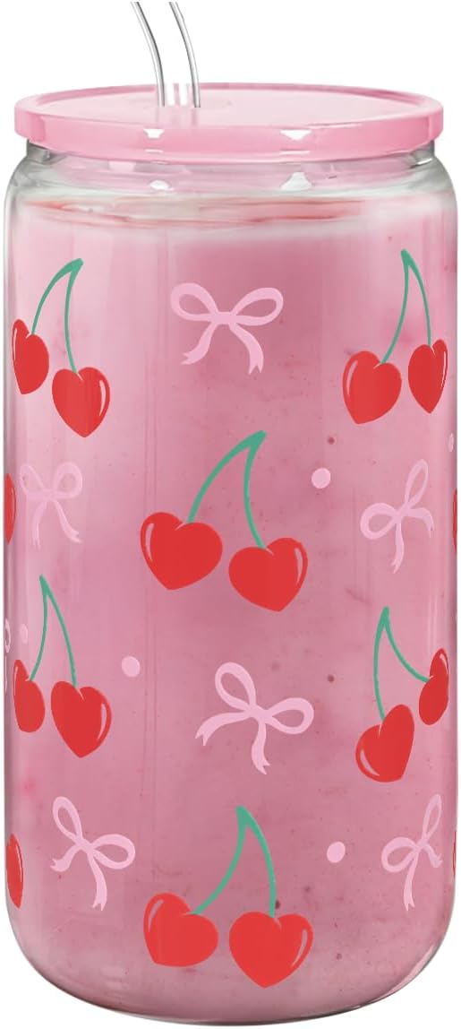 SANDJEST Cherry 16 Oz Can Glass Tumbler with Acrylic Lid and Straw - Iced Coffee Cups for Women, Aesthetic Glass Cup Gift for Birthday Christmas
