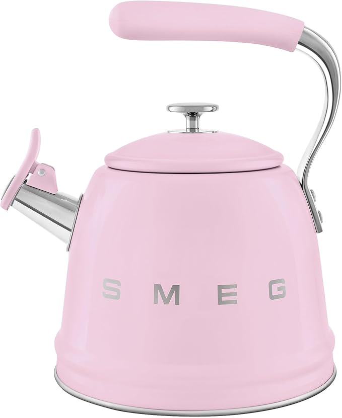SMEG Stovetop Whistling Kettle – 50s Retro Style, 2.3 Liter (10 Cup / 2.4 Quart) Stainless Steel Tea Kettle with Iconic Design & Whistle – Premium Kitchen Statement Piece (Pink)