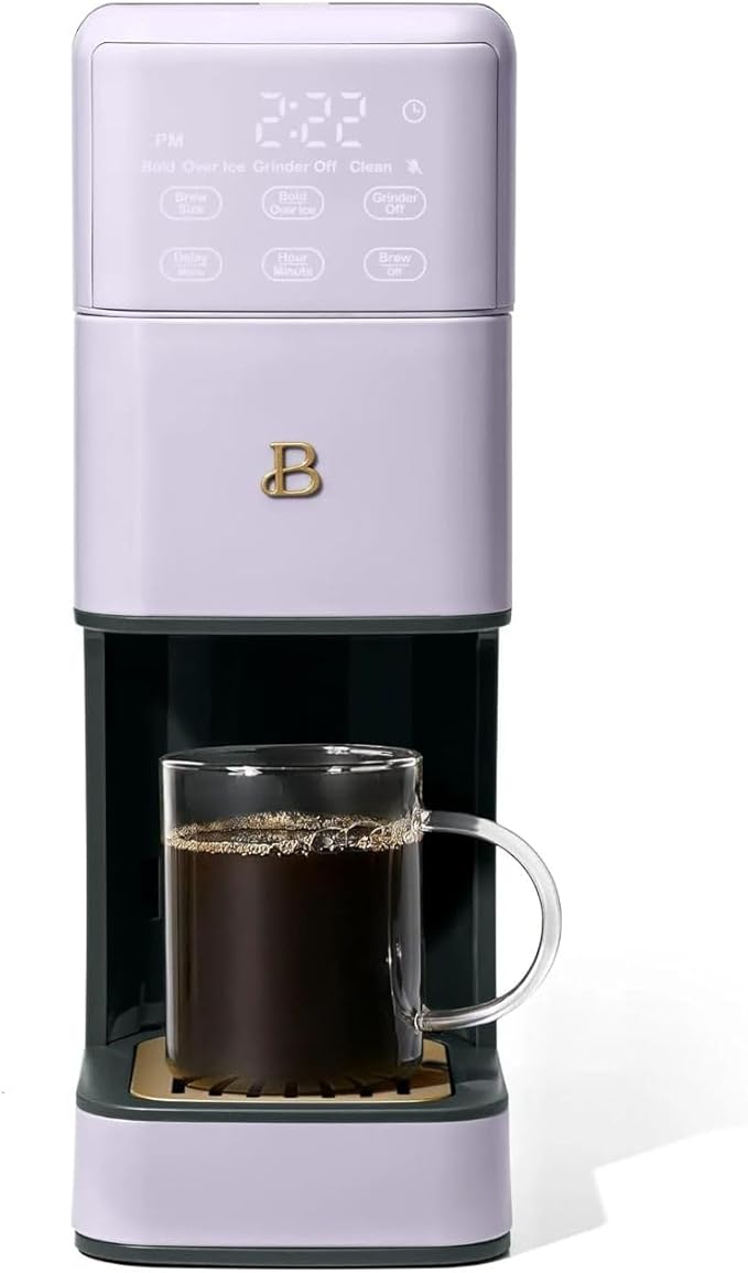 Beautiful Perfect Grind Programmable Single Serve Coffee Maker, Burr Grinder, 64 oz Reservoir, 6 Brew Sizes by Drew Barrymore (Lavender)