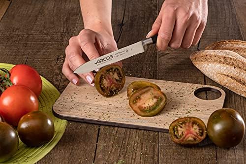 Arcos Forged Knife Serrated 5 Inch Nitrum Stainless Steel and 130 mm blade. Ergonomic Polyoxymethylene POM Handle. Series Riviera. Color Black