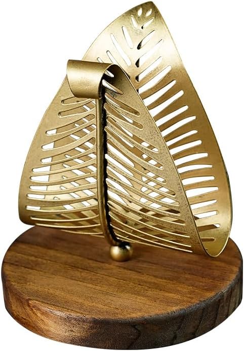 Gold Leaf Napkin Holder for Dining Table, Decorative Stainless Steel Paper Napkin Organizer with Wood Base, Vintage Tabletop Stand for Kitchen, Bar, or Outdoor Use (Gold)