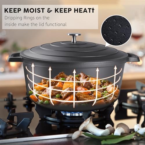INSETFY Large Dutch Oven Pot with Lid-7.5QT Cast Aluminum Oven Pot with Two Handles Lightweight for Bread Baking Braising and Roasting(Black)