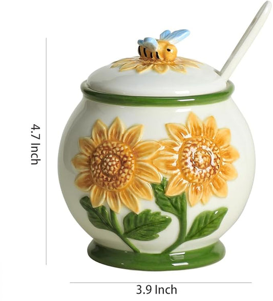 WAIT FLY Embossed Sunflower and Bee Ceramic Sugar Bowl with Lid and Spoon, Sugar Container, Sugar Jar for Kitchen Countertop, Coffee Bar-A