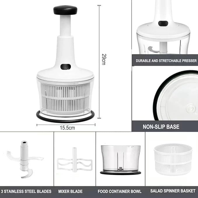 GProME Manual Food Processor -Salsa Maker Hand Chopper Blender As Seen On TV- Meat Masher Mincer-Salad Spinner -Onion Chopper & Dicer for Baby Food, Salad, Herbs, Garlic,BPA Free(Large)