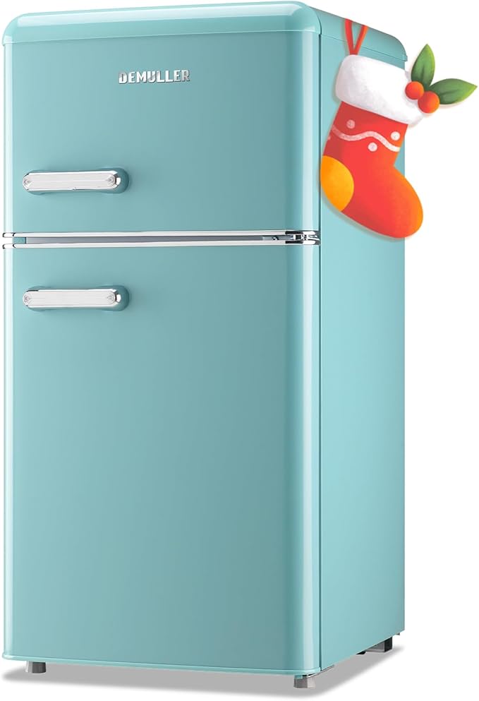 DEMULELR Retro Mini Fridge Dual Door Refrigerator with Freezer, 3.5 Cu.ft Small Refrigerator with Handle, Adjustable Temperature & Removable Glass Shelves, for Apartment/Dorm/Office/RV, BLUE