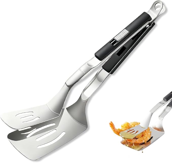 Stainless Steel Grill Clamp, 2026 Upgraded Multifunctional Frying Spatula, Rubber-Grip Tongs-Spatula, Perfect for Grilling, Cooking, Frying, and Griddling (1)