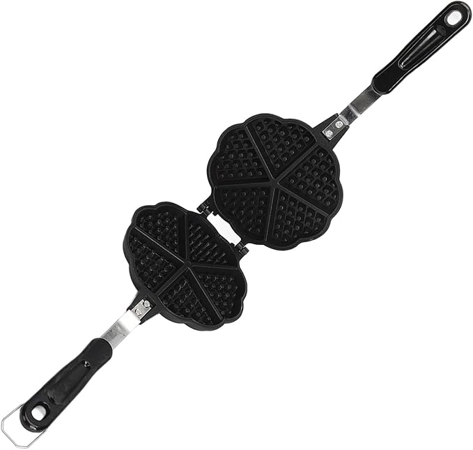 Sweetheart Waffle Maker Pan, Without Stick Cast Aluminum Stovetop Waffle Iron with Five 3.5in Cavities, Portable Heart Shaped Mini Waffle Maker, Black, 5.9In