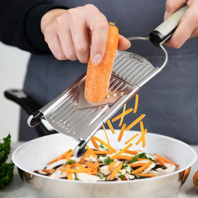 Genius Nicer Dicer Speed Vegetable Slicer with 3 Inserts, Stand and 550ml Collecting Container, Parmesan Grater, Julienne Grater and V-Slicer