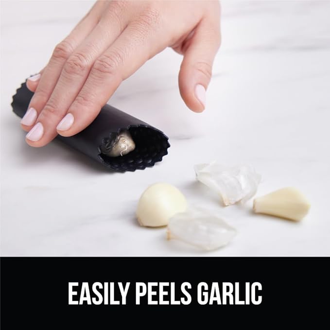 GORILLA GRIP Garlic Press and Peel Set, Heavy Duty Mincer Tool, Large Ergonomic Handle, Easily Mince and Crush Garlics, Ginger, Nuts, Seeds, Peeler Included, Peeling Cloves, Kitchen Gadgets, Black