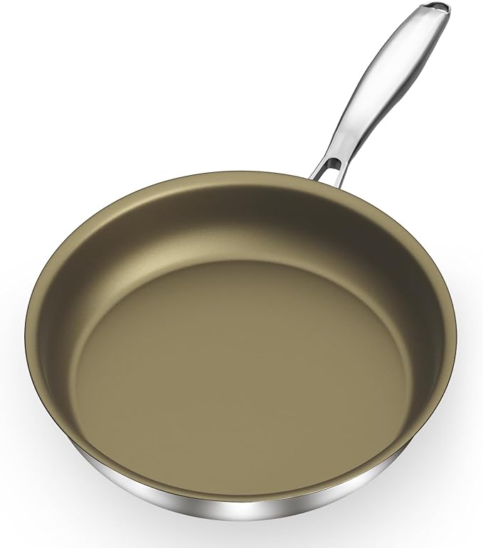 Abijan 11inch Stainless Steel Pan, Non stick frying pan, 3-Ply Titanium pan, Induction cooking pan, Nonstick Omelette Skillet, PFOA/PFAS/PTFE Free, Compatible with All Cooktops, Oven Safe, Brown