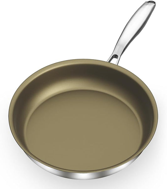 Abijan 11inch Stainless Steel Pan, Non stick frying pan, 3-Ply Titanium pan, Induction cooking pan, Nonstick Omelette Skillet, PFOA/PFAS/PTFE Free, Compatible with All Cooktops, Oven Safe, Brown
