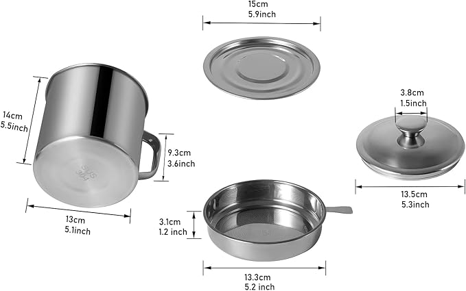 Tellshun Bacon Grease Container with Strainer 1.8 L / 60 oz Kitchen Catcher Food-grade Stainless Steel Cooking Oil Keeper with Lid and Easy-Grip Handle Suitable for Storing Frying Oil