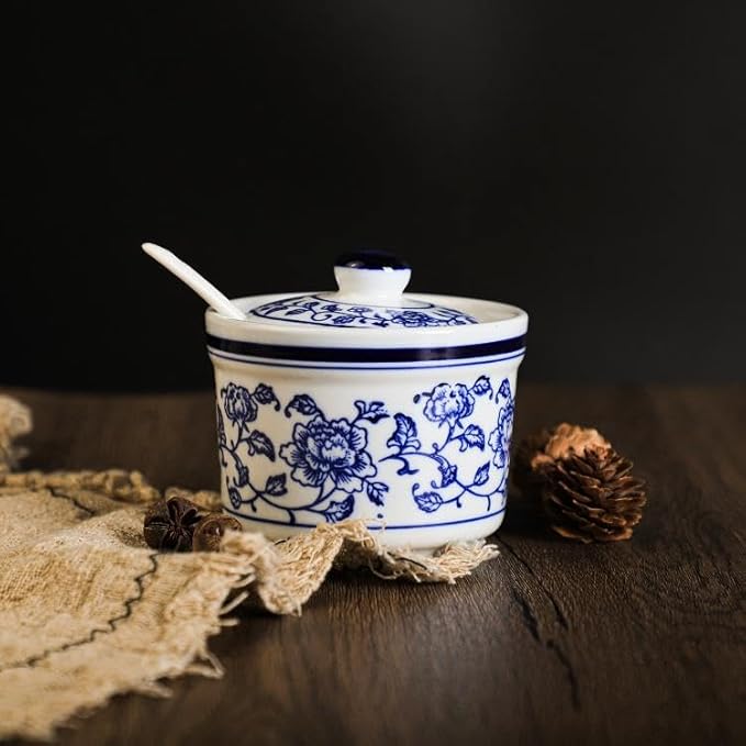 Retro Ceramic Blue and White Sugar Bowl Seasoning Pot Storage Jar with Lid
